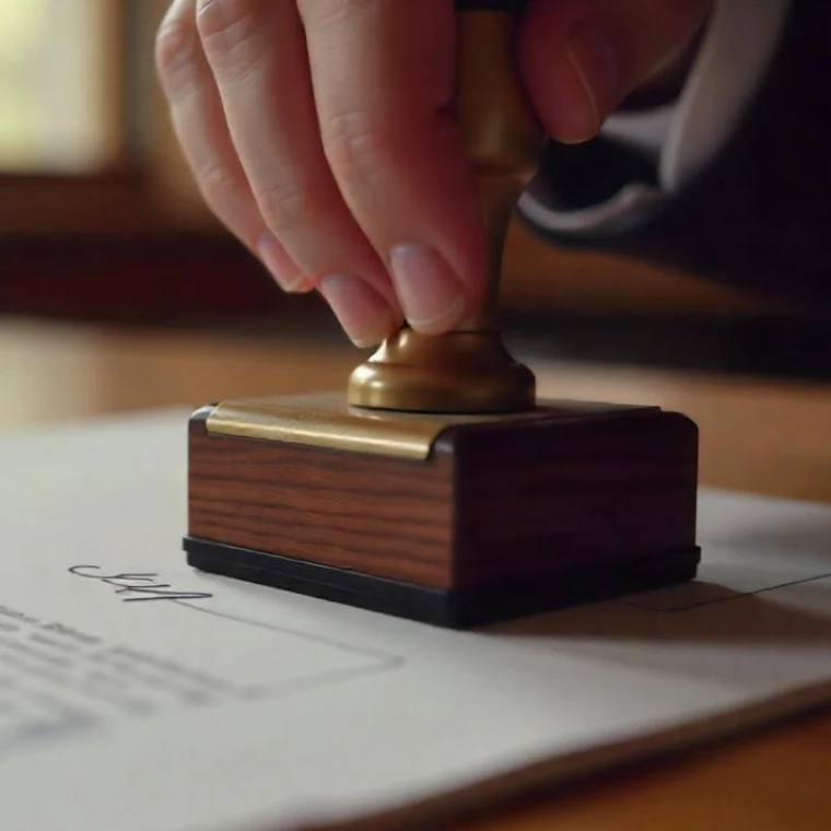 A hand stamps an iGaming compliance document on a dark surface, with a blurred rolled paper in the background.