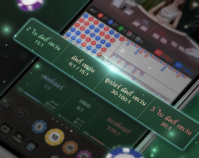 Live Casino Provider SA Gaming's baccarat side bets interface, showing various lucky seven side bet on a live casino table