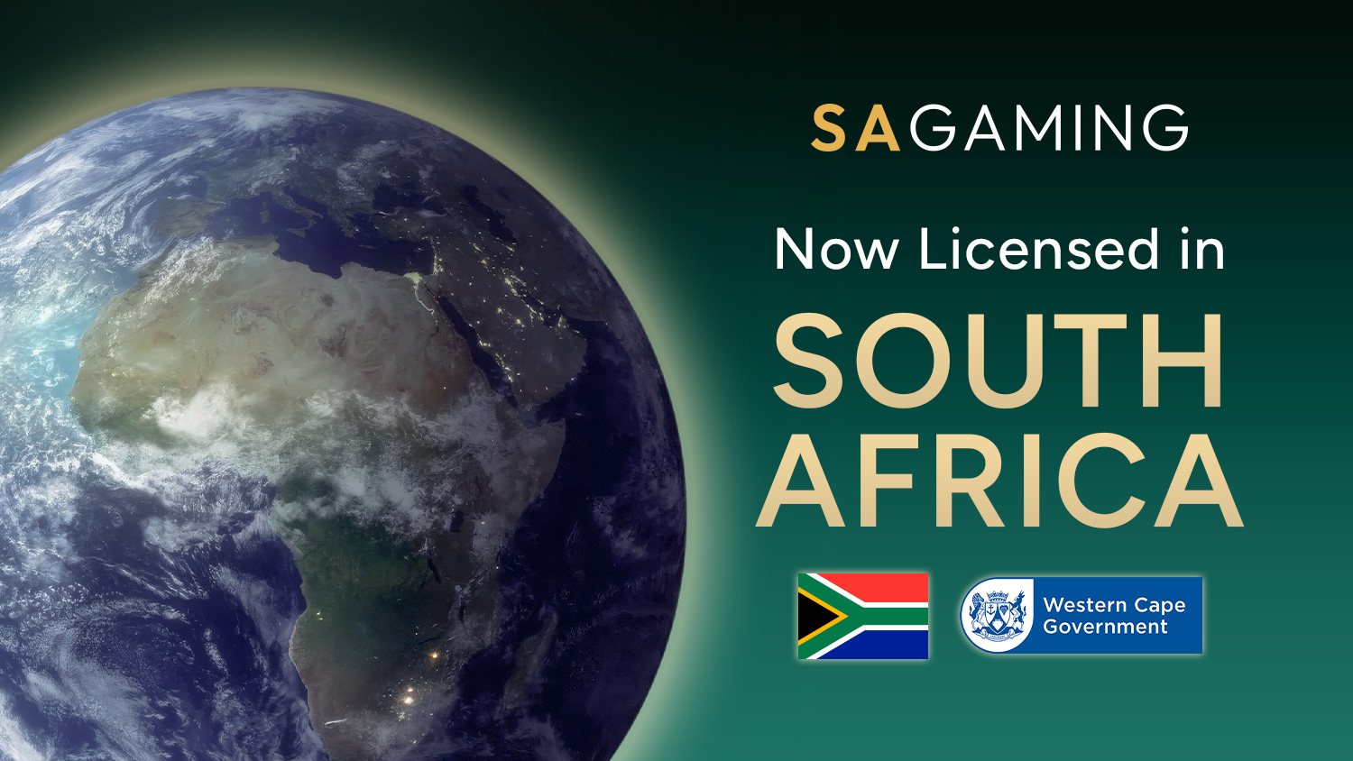 SA Gaming official licensing announcement for South Africa, featuring Earth, national flag and Western Cape Government emblem.